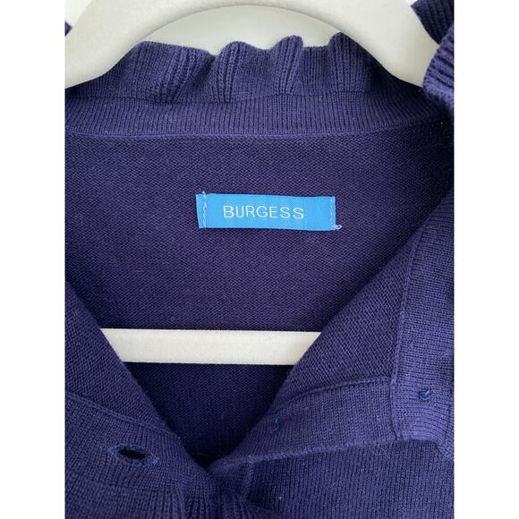 Burgess Cotton Cashmere Navvy Blue Ruffle Neck Sleeve Button Sweater Pullover - Picture 5 of 7